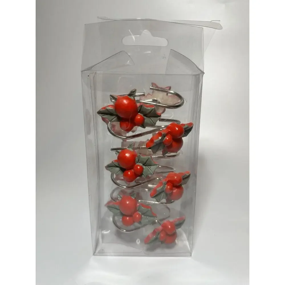 Christmas Holiday Holly Berry Shower Curtain Hooks Set of 12 New & Used Set